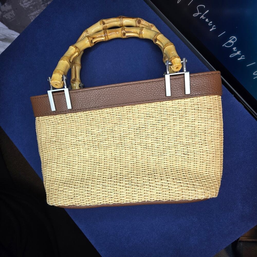 Sunny Hawaii Straw Mini Tote Bamboo Handles Tan Brown 9x5x2.5" 1H - Picture 2 of 10